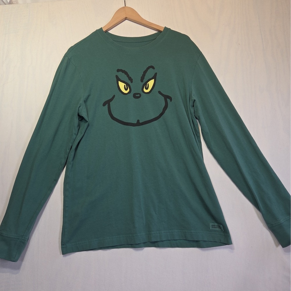 Life is Good Grinch Shirt Womens M Green Long Sleeve Christmas Holiday Tee